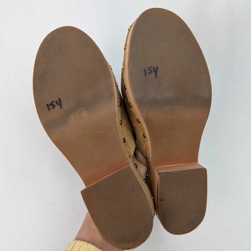 J. Crew Dakota Clogs in Suede Burnished Pecan Studded Leather Wood Sole - Picture 10 of 13